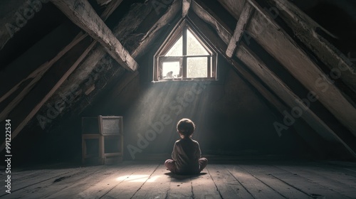 Child offers a prayer in the attic space of a home