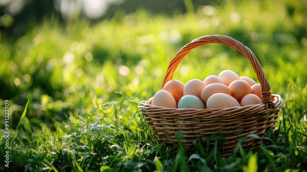 A wicker basket filled with eggs resting on a field of lush green grass A wicker basket filled with eggs resting on a field of lush green grass