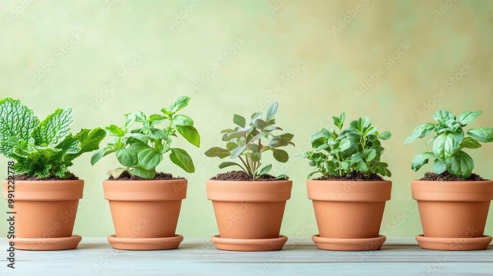 Plants in small pots lined up in a row Plants in small pots lined up in a row