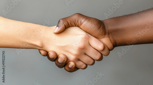 Diverse hands of different ethnicities shaking on a neutral backdrop