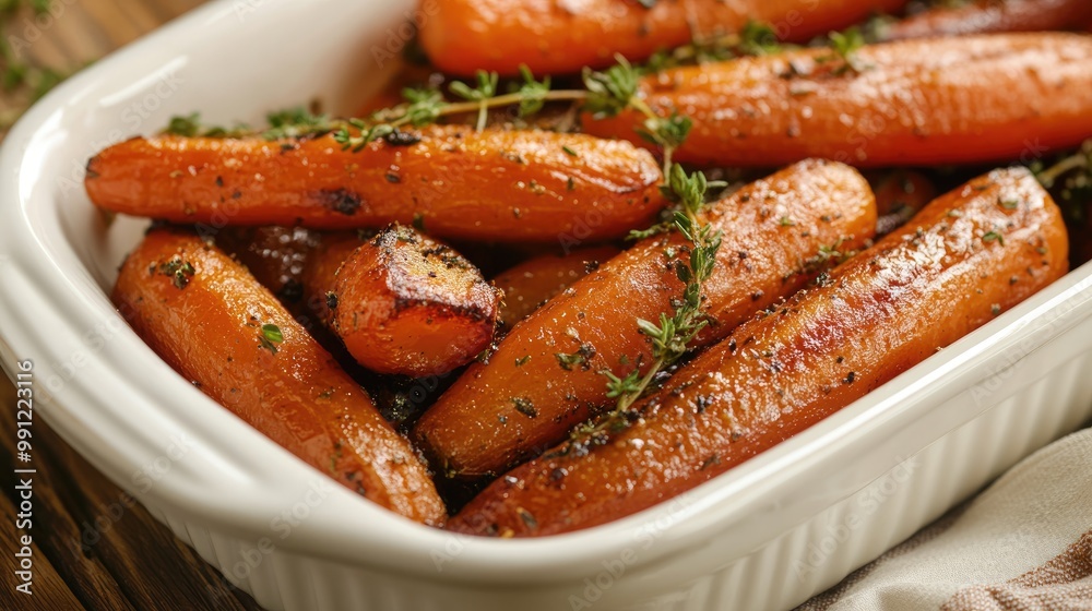 Herb infused roasted carrots served in a white ceramic dish Close up food photography Herb infused roasted carrots served in a white ceramic dish Close up food photography