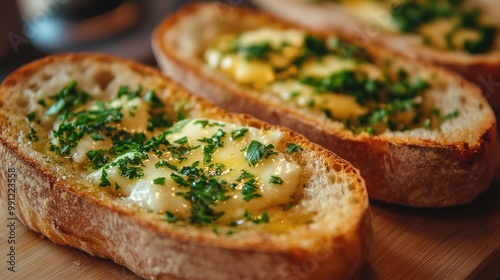 Hot Garlic Bread Topped with Melted Butter and Herbs on a Countertop