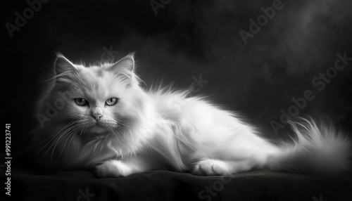 Black and white portrait of white fluffy cat