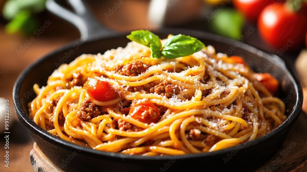 Savory spaghetti Bolognese featuring minced beef and cherry tomatoes topped with parmesan cheese and basil served in a cast iron pan A healthy Italian dish with a retro tone Savory spaghetti Bolognese featuring minced beef and cherry tomatoes topped with parmesan cheese and basil served in a cast iron pan A healthy Italian dish with a retro tone