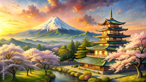 Japan castle with blue sky and green tree and sakura
