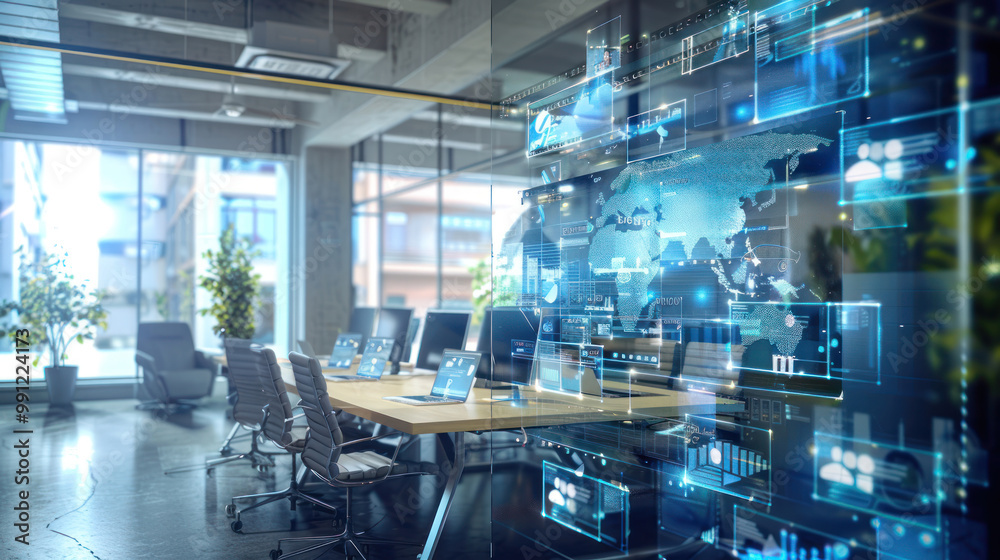 A digital workplace with cloud-based systems, virtual meeting rooms, and collaborative tools that allow employees to work from anywhere. A digital workplace with cloud-based systems, virtual meeting rooms, and collaborative tools that allow employees to work from anywhere.