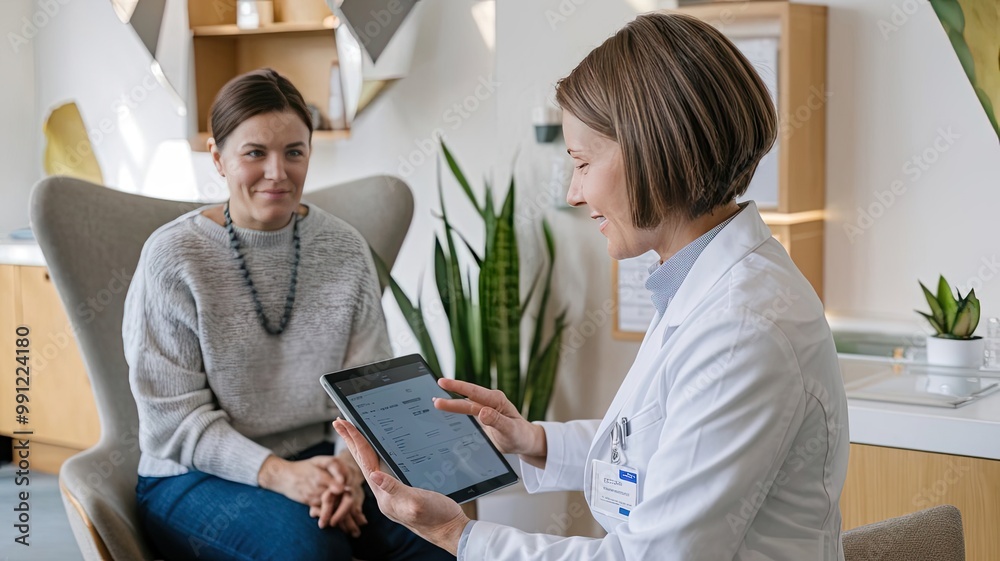 A photo of a doctor holding a tablet and consulting with a patient in a clinic. The doctor is wearing a white coat and has short brown hair. The patient is sitting in a chair and wearing a grey sweate A photo of a doctor holding a tablet and consulting with a patient in a clinic. The doctor is wearing a white coat and has short brown hair. The patient is sitting in a chair and wearing a grey sweate