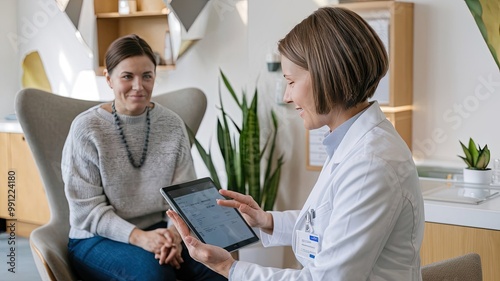 A photo of a doctor holding a tablet and consulting with a patient in a clinic. The doctor is wearing a white coat and has short brown hair. The patient is sitting in a chair and wearing a grey sweate