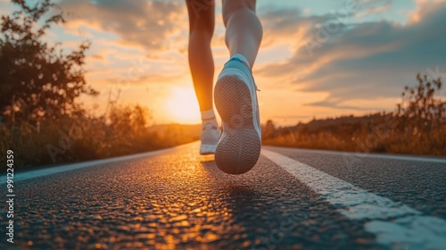 Runner s feet on a road during sunset symbolizing fitness resolutions and goals for the new year photo