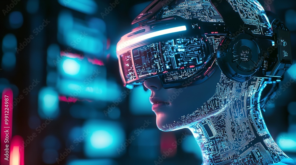 A visual depiction of an individual exploring a virtual world with a high-tech VR headset, signifying future technology and immersive experience