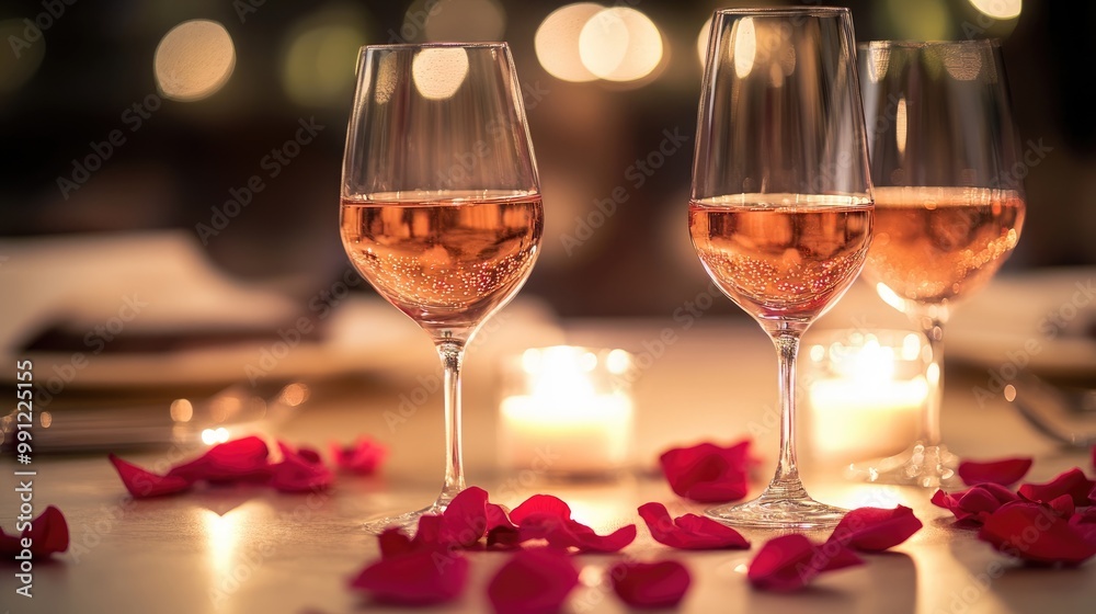 Glasses of wine rose petals and candles create a soft blurred ambiance on a table perfect for a romantic setting and Valentine s Day theme Glasses of wine rose petals and candles create a soft blurred ambiance on a table perfect for a romantic setting and Valentine s Day theme