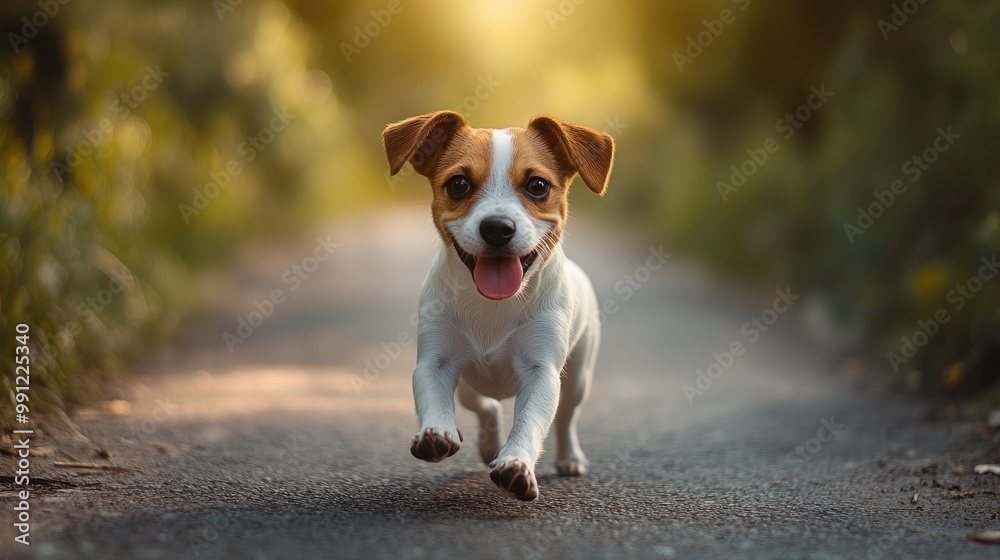 Obraz premium Small Jack Russell terrier on a rural road one leg raised and tongue out appearing alert with grass flanking the path and softly blurred trees in the background
