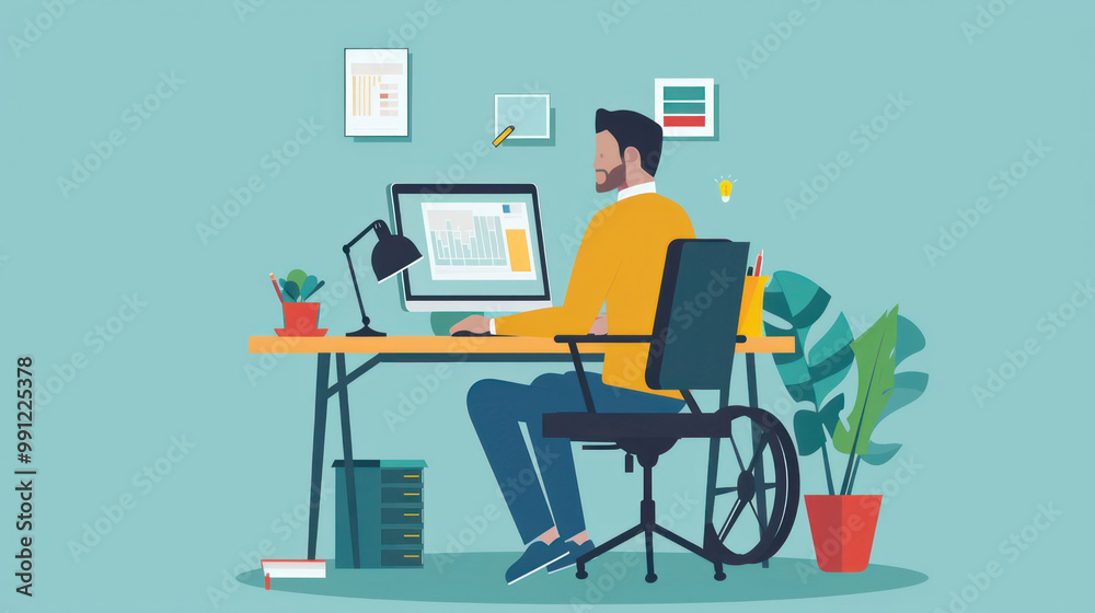 A disabled employee managing their tasks remotely, using adaptive technology and assistive devices to perform their job effectively. A disabled employee managing their tasks remotely, using adaptive technology and assistive devices to perform their job effectively.