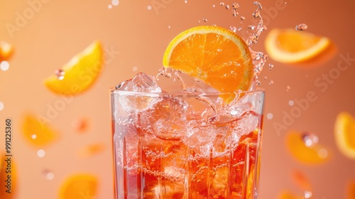 Aperol spritz cocktail featuring liquid splashes and airborne orange slices against a bright backdrop