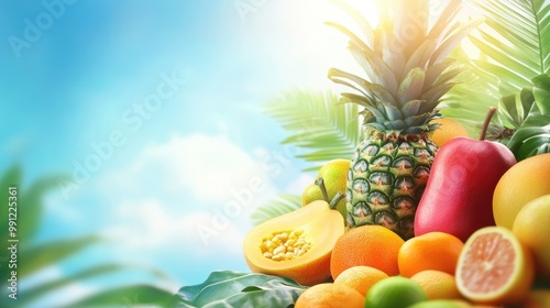 Fototapeta Naklejka Na Ścianę i Meble -  Vibrant tropical fruits against a bright sunny backdrop with ample space for text