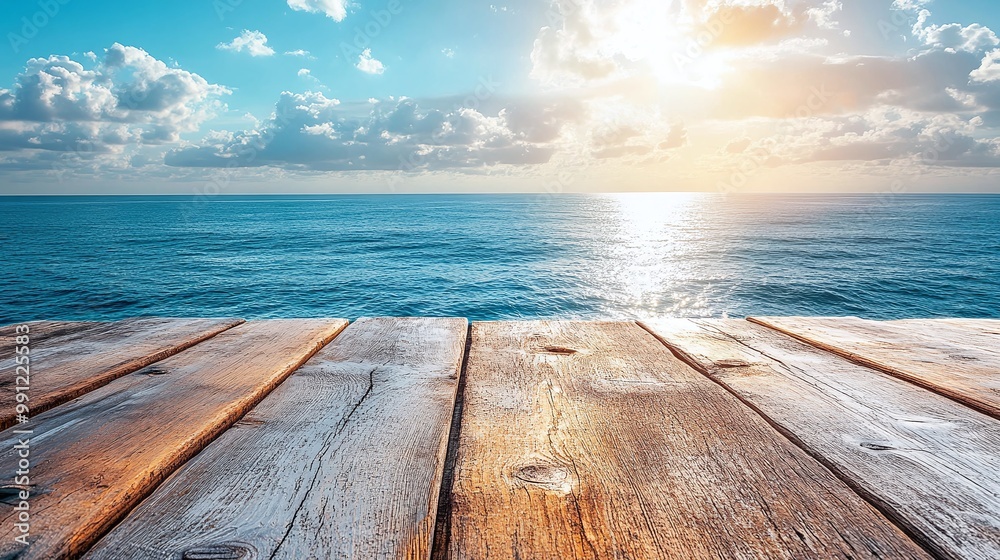 Fototapeta premium picturesque view of a wood table with the ocean and sky in the background creating a tranquil atmosphere perfect for enjoying nature's beauty while embracing the relaxation of seaside leisure