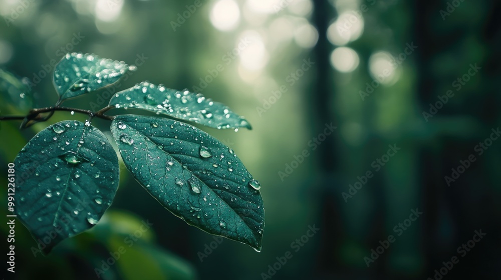Green leaf adorned with raindrops set against a blurred forest backdrop Green leaf adorned with raindrops set against a blurred forest backdrop