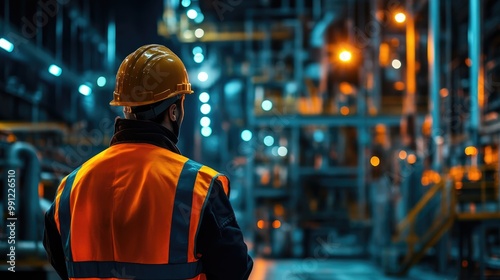 Factory worker wearing reflective gear and helmet oversees production operations