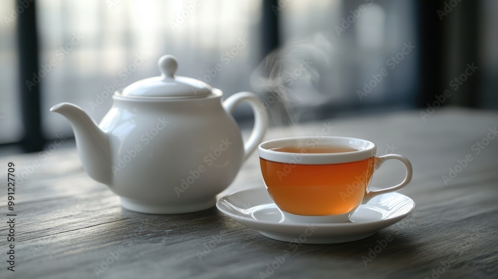 White ceramic teapot paired with a cup of steaming amber tea on a gray wooden surface White ceramic teapot paired with a cup of steaming amber tea on a gray wooden surface