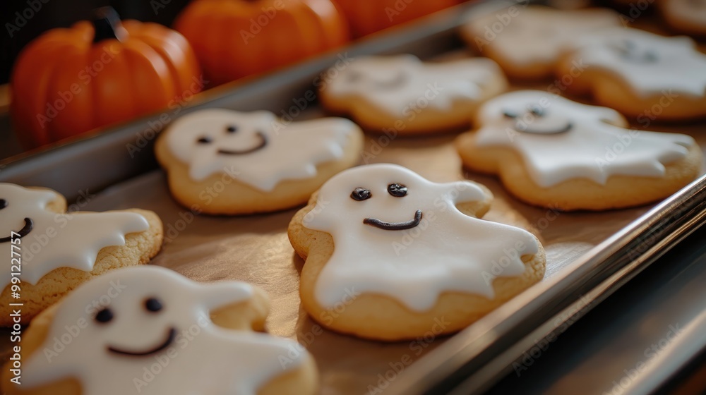 Close up of a tray featuring freshly baked Halloween themed cookies shaped like ghosts and pumpkins awaiting decoration with sugar icing Close up of a tray featuring freshly baked Halloween themed cookies shaped like ghosts and pumpkins awaiting decoration with sugar icing