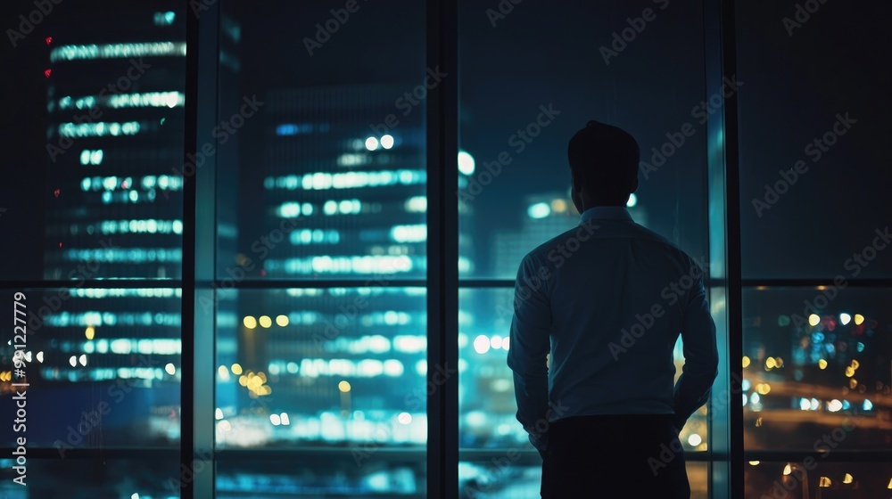 Contemplative businessman gazing out of large office window strategizing future project ideas in a nighttime setting