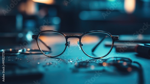 Closeup of broken corrective eyeglasses resting on a table highlighting the processes involved in measuring manufacturing and repairing eyewear in an optical workshop photo