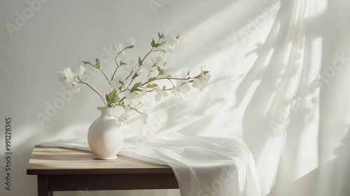 Fototapeta Naklejka Na Ścianę i Meble -  White flowers arranged in a vase on a wooden table draped with a white tablecloth showcasing interior decor and product presentation