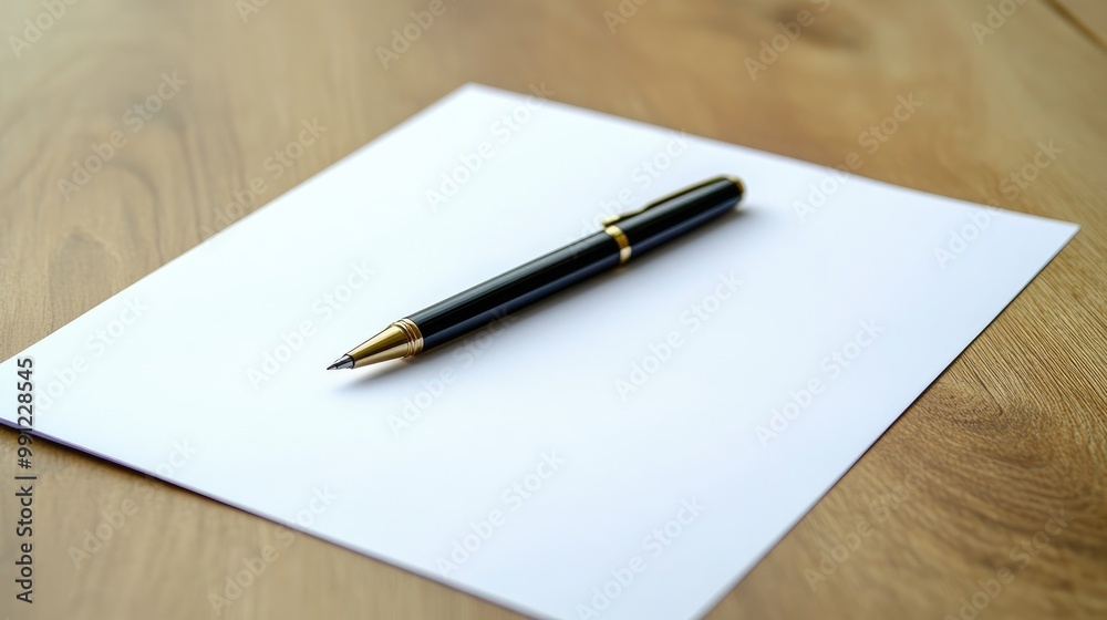 Blank paper and pen resting on a wooden surface with ample copy space for your text or design Blank paper and pen resting on a wooden surface with ample copy space for your text or design