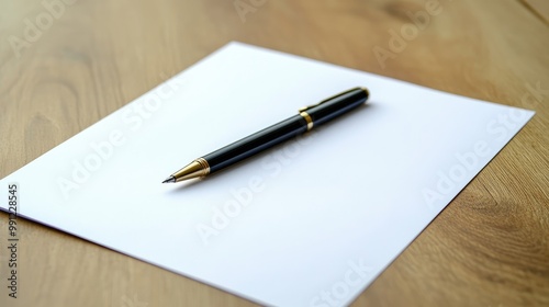 Blank paper and pen resting on a wooden surface with ample copy space for your text or design photo