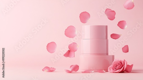 Pink product display on a solid background with falling rose petals Elegant presentation for luxury beauty fashion cosmetics and spa gifts ideal for special occasions