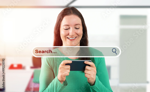 Businesswoman, smartphone or search engine hologram for information, 3D or SEO graphic for iot research. Smile, happy and creative person on digital technology for internet browsing overlay in office.