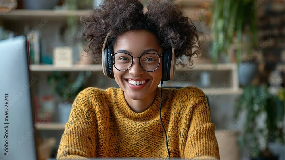 A cheerful woman wearing headphones enjoys a productive moment while working on her computer. A cheerful woman wearing headphones enjoys a productive moment while working on her computer.