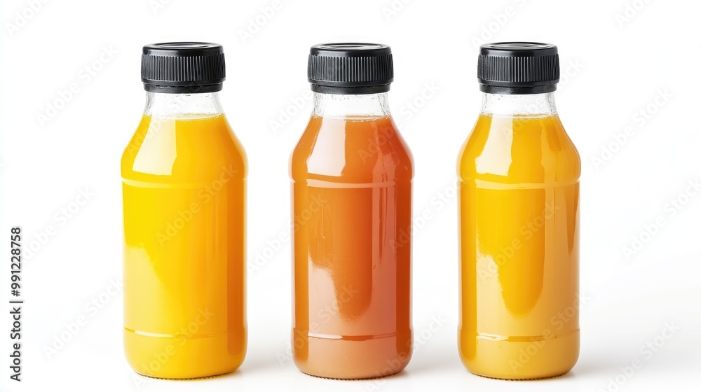 Three unlabeled bottles of natural vegetable or fruit juices with black caps isolated on a white background Three unlabeled bottles of natural vegetable or fruit juices with black caps isolated on a white background