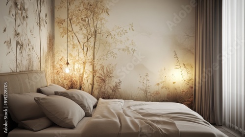 A bedroom with a tree mural on the wall and a bed with two pillows