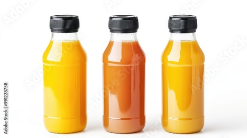 Three unlabeled bottles of natural vegetable or fruit juices with black caps isolated on a white background