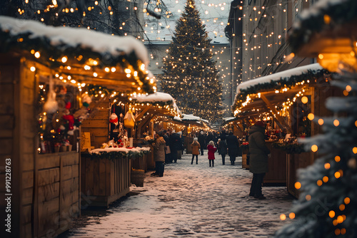 Abendlicher Weihnachtsmarkt in einer Innenstadt, festliiche Stimmung, Weihnachten, erstellt mit generativer KI photo