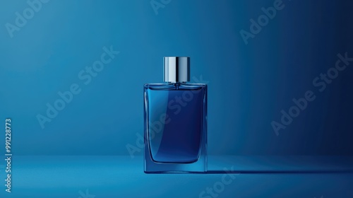 Blue perfume bottle set against a matching blue backdrop Mockup of a men s fragrance container