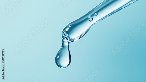 A dropper dispenses a droplet of liquid onto a soft blue backdrop photo