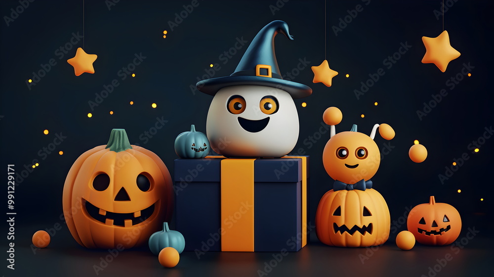 A vector illustration of Halloween characters in 3d clay design, with space to text and decor by a gift box in a Happy Halloween concept, adorable and festive, isolated on a dark background A vector illustration of Halloween characters in 3d clay design, with space to text and decor by a gift box in a Happy Halloween concept, adorable and festive, isolated on a dark background