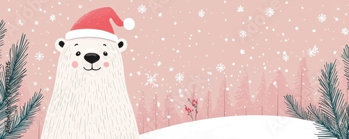 Cute Polar Bear Wearing Santa Hat in Winter Wonderland