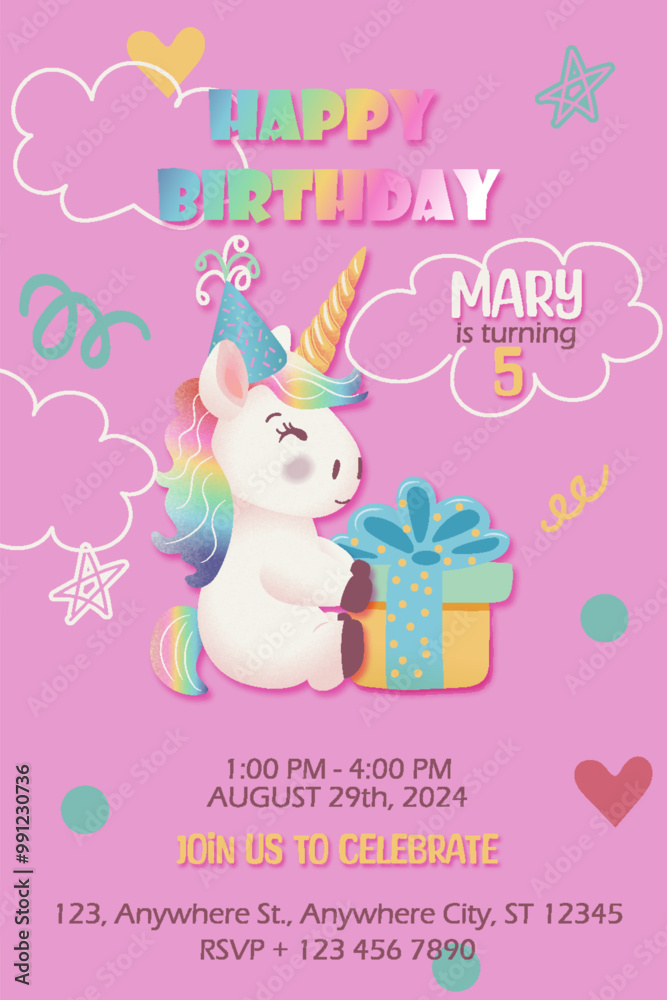 Fototapeta premium Cute unicorn birthday party invitation card. Vector