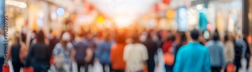 Crowd of people walking in a busy shopping mall, blurred background. photo