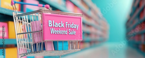 Shopping cart with a Black Friday Weekend Sale sign, colorful retail background. photo