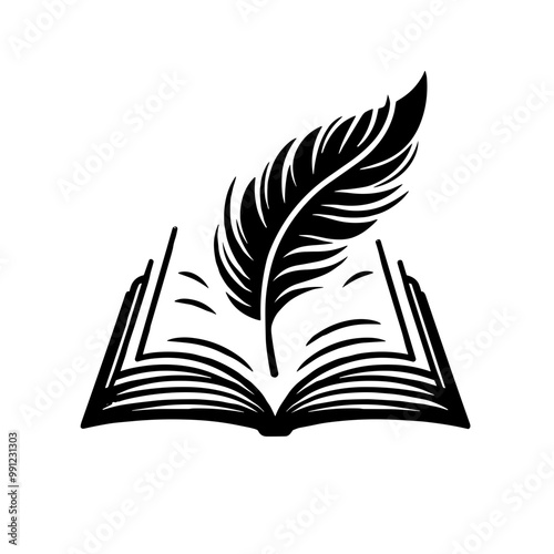 A black and white silhouette of open book with feather, vector, minimalist art style, stroke lines for an abstract look, transparent background