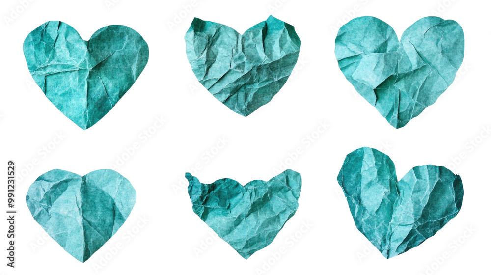 Heart-shaped leaves crumpled on a blue watercolor background, creating an artistic pattern of wrinkled textures and vibrant colors Heart-shaped leaves crumpled on a blue watercolor background, creating an artistic pattern of wrinkled textures and vibrant colors