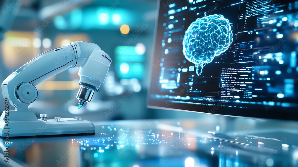 Obraz premium Laboratory scene featuring a microscope and computer screen displaying a digital brain model in a futuristic scientific research environment.