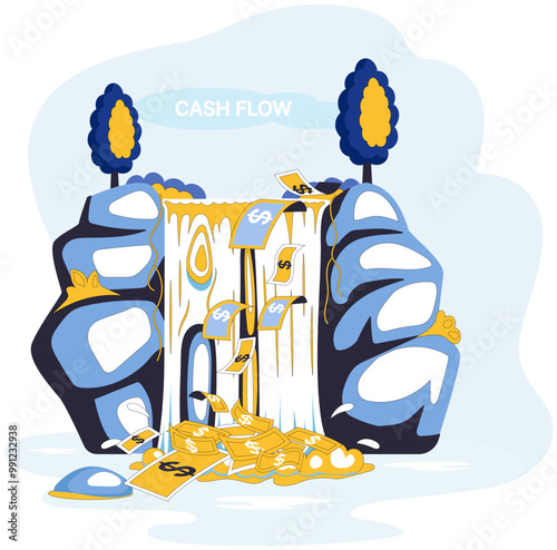 Cash flow vector illustration. Budgeting is roadmap guiding expedition through terrain cash flow Currency is language spoken in bustling marketplace financial activity Earning is melody sung