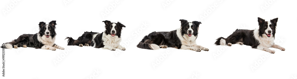 Border Collie dog set, lying down and looking at the camera with a happy expression. Border Collie dog set, lying down and looking at the camera with a happy expression.