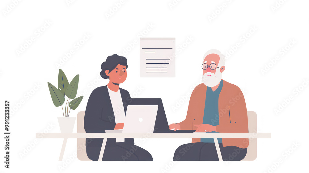 A financial advisor assisting a senior client with digital banking tools, ensuring they can manage their accounts safely and efficiently. A financial advisor assisting a senior client with digital banking tools, ensuring they can manage their accounts safely and efficiently.