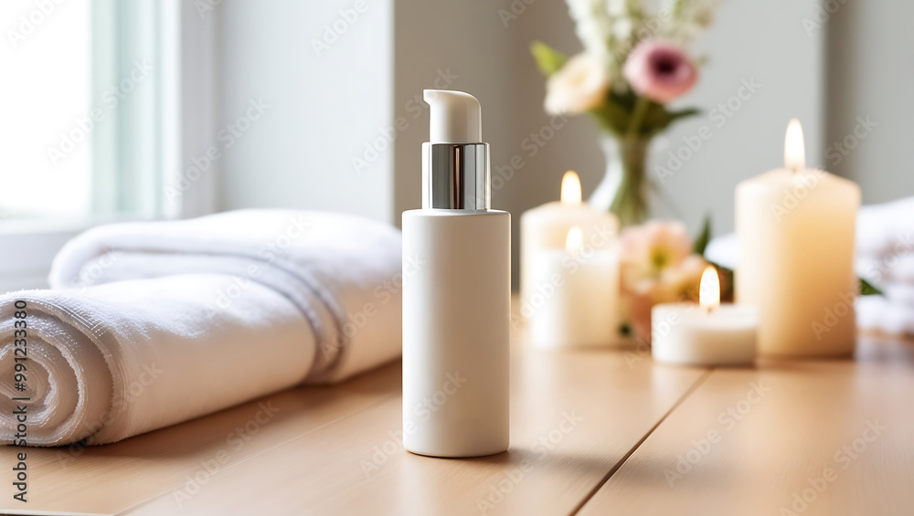 A calm spa scene featuring a towel, cosmetic cream, and beauty products for skincare, with a focus on wellness and relaxation, including elements like bottles, soap, and flowers in a clean setting A calm spa scene featuring a towel, cosmetic cream, and beauty products for skincare, with a focus on wellness and relaxation, including elements like bottles, soap, and flowers in a clean setting